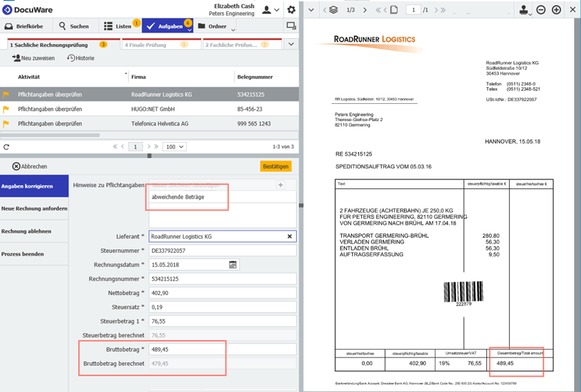 Diese Eingangsrechnung ist nicht korrekt. Der Workflow hat einen zu hohen Bruttobetrag berechnet.